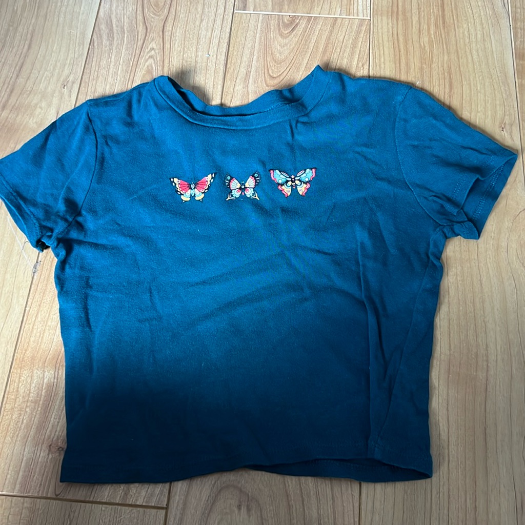 Blue baby tee with three small embroidered butterflies across the chest